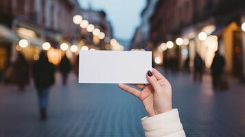ai generado mano sostener blanco tarjeta postal, Bosquejo papel tarjeta postal. modelo en blanco antecedentes foto