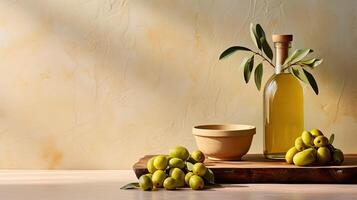 AI generated Plate of olives and oil bottle or jar. Empty space for copy space and template. Mediterranean cuisine photo