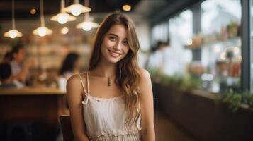 ai generado retrato de niña en cafetería. bonito joven mujer sentado a mesa en café tienda. concepto de juventud, ocio y recreación. ai generado foto