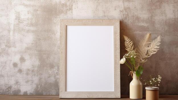 AI generated Empty photo frame on boho background with flowers. A mockup in a rustic style. Natural Business template with dry plants. AI generated