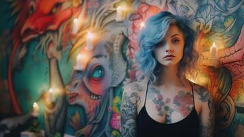 AI generated Young girl in room. Tattooed fashionable woman on a colorful background with pink lights. AI generated, amazing creative lady photo