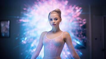 AI generated Portrait of ballerina in glow neon background. Beauty blonde girl, attractive cute caucasian woman. AI generated. Pretty female dancer. Professional ballet and dance, expressive model photo