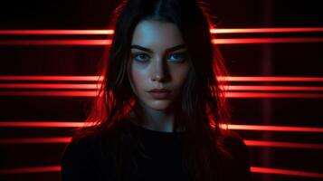 AI generated Woman in red neon background. Futuristic light glow and caucasian girl model. Modern nightclub party, aesthetic cyber concept with laser. AI generated photo