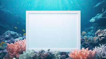 AI generated Empty photo frame on a marine background with algae. A mockup in a tropical style. Natural Business template for vacations and beach holidays. AI generated