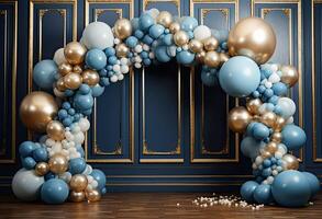 AI generated Festive arch made of gold, green and blue balls. Luxury photo area. Beautiful wedding background. AI generated