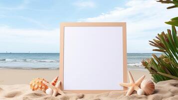 AI generated Empty photo frame on a beach background with sand. AI generated. A mockup of the coastline landscape. Natural Business template for vacations and sunny beach holidays