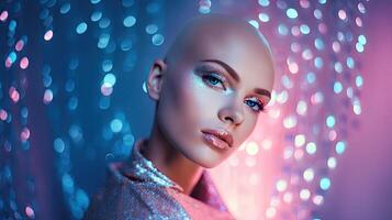 AI generated Bald woman in neon glowing background. portrait of glamour female with pink makeup, beautiful young futuristic hairless model. modern trendy fashion party. AI generated, cyber trend photo