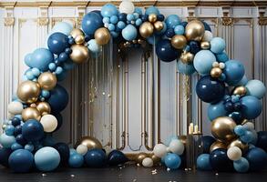 AI generated Festive arch made of gold, green and blue balls. Luxury photo area. Beautiful wedding background. AI generated