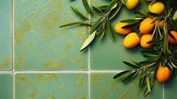 AI generated Olive branch on background of green ceramic tiles. Empty copy of space and template. AI Generated photo