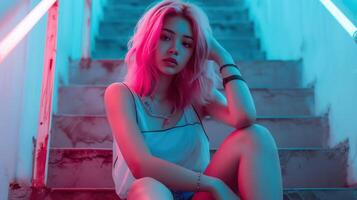 AI generated Asian woman sitting at stairs, trendy neon urban background. Glamour fashion lady, attractive beautiful portrait of girl. AI generated photo