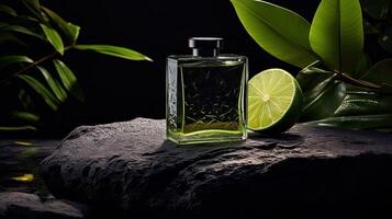 AI generated Men perfume with scent of citrus lime and bergamot. Concept of freshness, nature. Mockup with bottle of perfume on dark background with stones and leaves. Business Template. AI generated photo