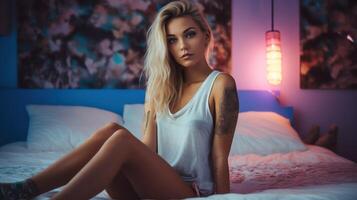 ai generado mujer con tatuaje a dormitorio, atractivo tatuado rubia niña en cama. hembra persona, joven hembra hermosa retrato. ai generado foto