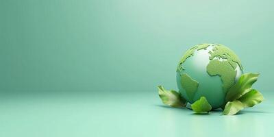 AI generated Green eco globe on banner. World planet on natural background. AI Generated. photo