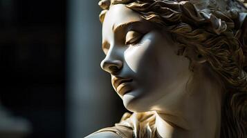 AI generated Antique statue in close-up. An old Greek or Roman monument with gold paint on its face. photo