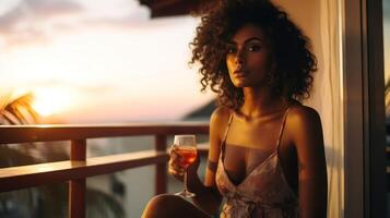 ai generado hermosa niña en balcón con cóctel en antecedentes de tropical Oceano complejo. bonito mujer foto