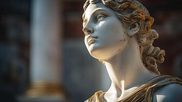 AI generated Antique statue in close-up. An old Greek or Roman monument with gold paint on its face. Concept of grandeur, elegance and art. AI generated, mythology and mythology photo