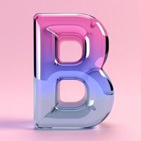 AI generated Letter B, transparent glass effect. Glossy typographic sign with plastic purple reflection. Alphabetic pink neon font. AI generated photo