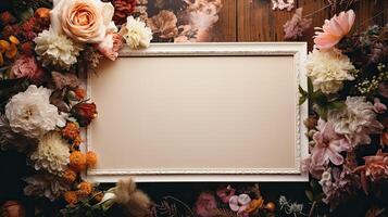 AI generated Empty photo frame on a dark background with flowers. Mockup in a classic style. Natural Business Template. AI generated