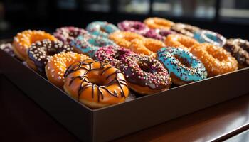 AI generated Donut dessert, chocolate snack, sweet temptation on table, glazed indulgence generated by AI photo