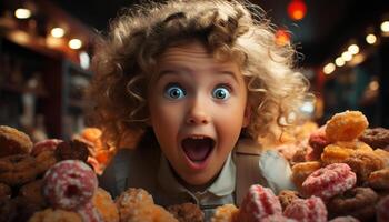 ai generado un alegre caucásico niña comiendo un chocolate Galleta con emoción generado por ai foto