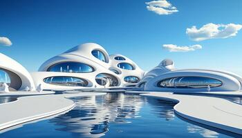 AI generated Futuristic architecture design modern wave reflects in blue swimming pool generated by AI photo