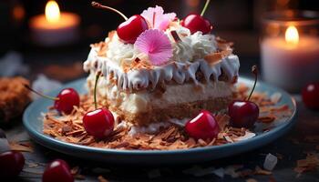 AI generated Gourmet chocolate dessert, fresh fruit decoration, homemade birthday cake indulgence generated by AI photo