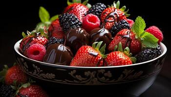 ai generado frescura y indulgencia en un gastrónomo verano postre, baya y chocolate generado por ai foto