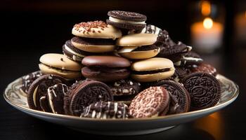 ai generado un plato de hecho en casa oscuro chocolate galletas, un dulce indulgencia generado por ai foto