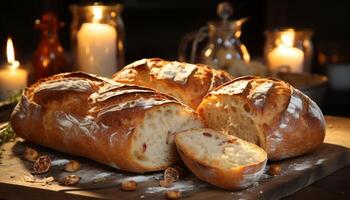 AI generated Freshly baked bread on a rustic table, a homemade gourmet delight generated by AI photo