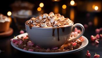 AI generated Hot chocolate, coffee cup, frothy drink, sweet food, rustic decoration generated by AI photo