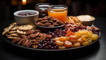 AI generated A variety of sweet snacks on a wooden table indoors generated by AI photo