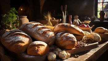 AI generated Freshly baked baguette on a rustic wooden table, a wholesome meal generated by AI photo