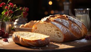 AI generated Freshly baked bread on a rustic table, a gourmet homemade meal generated by AI photo