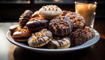 AI generated Indulgent homemade dessert  chocolate donut with creamy icing and coffee generated by AI photo