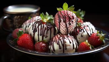 AI generated Freshness and sweetness on a plate, a gourmet strawberry dessert generated by AI photo