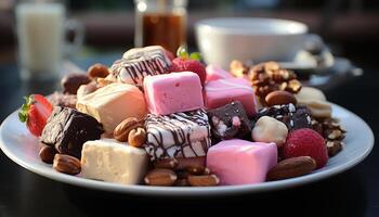 AI generated Sweet food, chocolate, candy, freshness, indulgence, fruit, strawberry, milk generated by AI photo