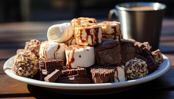 ai generado indulgente gastrónomo postre oscuro chocolate Dulce de azúcar en un pequeño plato generado por ai foto