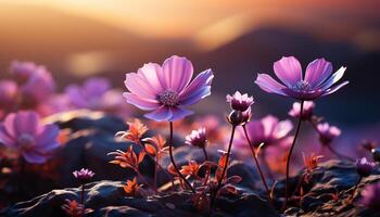 AI generated Vibrant pink flower blossoms in tranquil meadow at sunset generated by AI photo