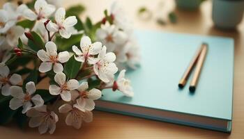 AI generated Freshness of springtime in a single flower on a wooden table generated by AI photo