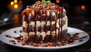 AI generated A decadent chocolate cake with whipped cream and fresh fruit generated by AI photo