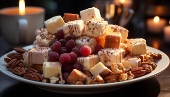 ai generado dulce postre plato con chocolate, fruta, y frambuesa indulgencia generado por ai foto