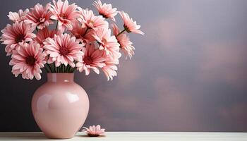 AI generated Freshness of summer pink daisy bouquet on wooden table generated by AI photo