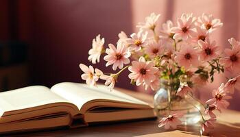 ai generado frescura de naturaleza en un ramo, rosado flores en de madera mesa generado por ai foto