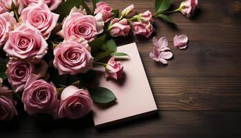 AI generated Romantic bouquet of fresh flowers on wooden table, nature beauty generated by AI photo