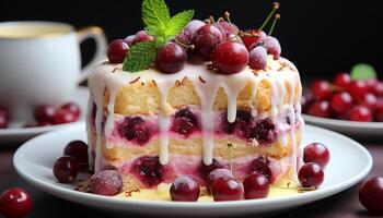 AI generated Homemade berry cheesecake, a sweet slice of indulgence on wood generated by AI photo