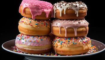 AI generated Gourmet donut stack, tempting indulgence on black background generated by AI photo