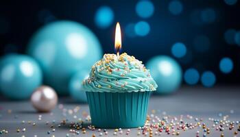 AI generated Birthday celebration with candle, cupcake, dessert, and decoration generated by AI photo