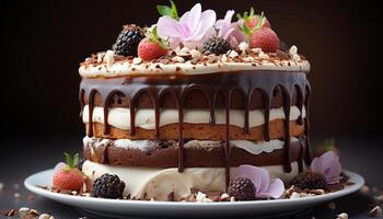 ai generado frescura y indulgencia en un hecho en casa chocolate tarta de queso rebanada generado por ai foto