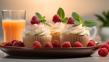 AI generated Freshly baked raspberry cupcake with mint leaf decoration on wooden table generated by AI photo