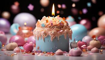 AI generated Birthday celebration with a candle lit gourmet chocolate cupcake and confetti generated by AI photo